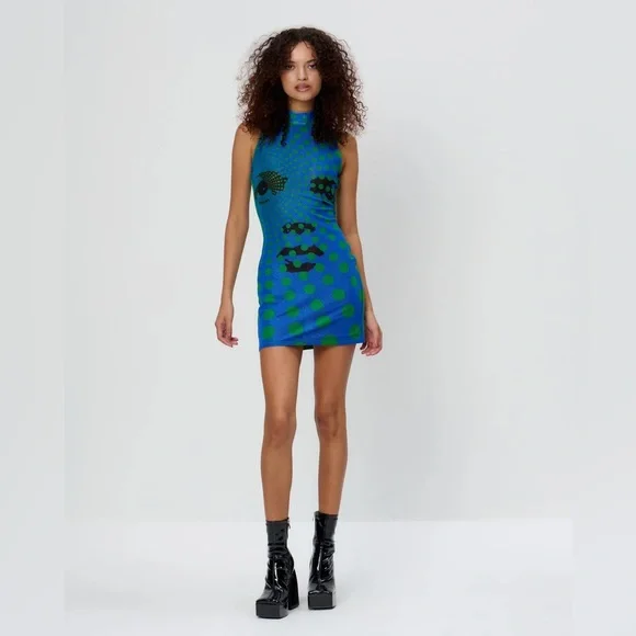 Another Girl | Dresses | Another Girl Blue Green Face Print Turtleneck  Sleeveless Mini Dress Womens 8 | Poshmark